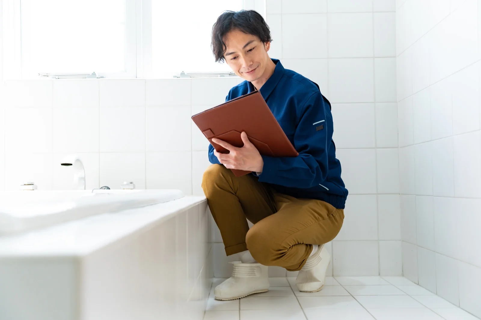 浴室で点検内容を確認する作業スタッフ