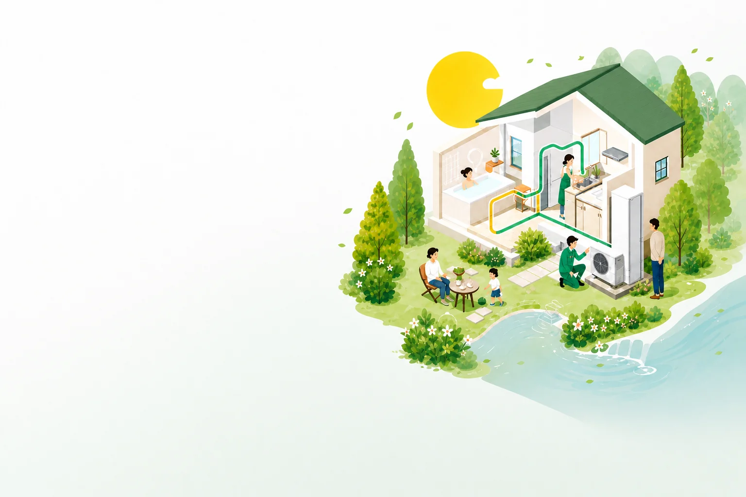 エコキュートのある住まいと、設置工事を行うスタッフのイラスト