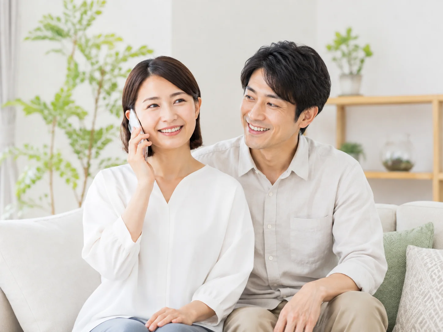 明るいリビングで電話相談する夫婦のイメージ